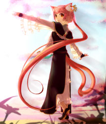 Rule 34 | 1girl, animal ears, cat ears, cat girl, cat tail, dress, earrings, female focus, full body, gradient background, hair ornament, highres, jewelry, long hair, multiple tails, nekomura iroha, outdoors, pink hair, ponytail, sky, solo, starcrown, tail, veil, very long hair, vocaloid, yellow eyes
