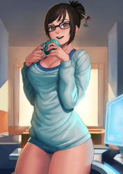 Rule 34 | 1girl, :d, backlighting, bikini, bikini under clothes, black-framed eyewear, blue bikini, blue sweater, blush, breasts, brown eyes, cameltoe, cleavage, coffee cup, computer, cowboy shot, cup, disposable cup, glasses, hair ornament, hair stick, highres, holding, holding cup, indoors, large breasts, lasterk, long sleeves, looking at viewer, mei (overwatch), no pants, open mouth, overwatch, overwatch 1, round teeth, short hair, smile, solo, standing, sweater, swept bangs, swimsuit, table, teeth, window