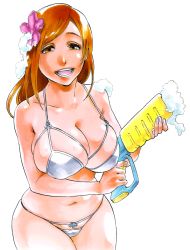 Rule 34 | 1girl, bikini, bleach, breasts, cleavage, curvy, female focus, flower, foam, framed breasts, gun, hair flower, hair ornament, half-closed eyes, holding, holding gun, holding weapon, inoue orihime, kubo tite, large breasts, long hair, looking at viewer, navel, official art, open mouth, orange eyes, orange hair, plump, shiny skin, smile, solo, swimsuit, transparent background, weapon, white bikini