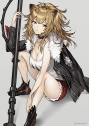 Rule 34 | 1girl, animal ears, ankle boots, arknights, bare shoulders, boots, breasts, brown eyes, brown hair, choker, cleavage, collarbone, fur trim, glaive (polearm), hair between eyes, highres, holding, holding weapon, jacket, large breasts, lion ears, long hair, looking at viewer, messy hair, polearm, ponytail, red shorts, short shorts, shorts, siege (arknights), sitting, solo, sunako (veera), tank top, weapon, white tank top