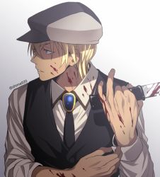 Rule 34 | 1boy, amuro tooru, black necktie, black vest, blonde hair, blood, blood on clothes, blood on face, blood on hands, bloody knife, blue eyes, cabbie hat, collared shirt, commentary request, dark-skinned male, dark skin, gradient background, hair between eyes, hat, holding, holding knife, knife, looking to the side, male focus, mashima shima, meitantei conan, necktie, shirt, simple background, solo, twitter username, upper body, vest, white shirt