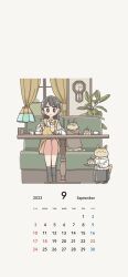 Rule 34 | 1girl, black hair, blush, calendar (medium), cat, closed mouth, earrings, east sha2, highres, holding, holding spoon, indoors, jewelry, lamp, long hair, original, sitting, smile, solo, spoon, table, window