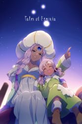 Rule 34 | 2girls, breasts, cleavage, dark-skinned female, dark skin, dress, echo (circa), hat, large breasts, long hair, meredy (tales), mother and daughter, multiple girls, open mouth, purple eyes, purple hair, shizel, smile, star (sky), tales of (series), tales of eternia, twintails