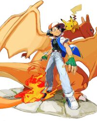 Rule 34 | 1boy, ash ketchum, baseball cap, belt, belt buckle, black hair, black shirt, brown eyes, buckle, charizard, closed mouth, commentary, creatures (company), fingerless gloves, flame-tipped tail, game freak, gen 1 pokemon, gloves, green gloves, hair between eyes, hat, highres, jacket, looking at viewer, nintendo, open clothes, open hands, open jacket, pants, pikachu, pokemon, pokemon (anime), pokemon (classic anime), pokemon (creature), shirt, short hair, short sleeves, standing, symbol-only commentary, umebosibakari2