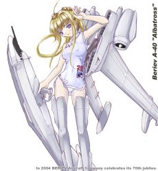 Rule 34 | 167sq, 1girl, ahoge, aircraft, airplane, armpits, beriev a-40, blonde hair, blue eyes, character name, china dress, chinese clothes, dress, flying boat, jet, jet engine, long hair, mecha musume, military, original, panties, short dress, simple background, solo, soviet, underwear, white background