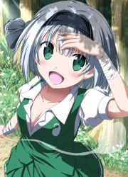 Rule 34 | 1girl, arm up, bandages, breasts, cleavage, collarbone, downblouse, female focus, flower, forest, green eyes, hair ribbon, konpaku youmu, konpaku youmu (ghost), looking at viewer, nature, nori tamago, open mouth, puffy sleeves, ribbon, shirt, short sleeves, silver hair, skirt, skirt set, small breasts, smile, solo, sunlight, touhou, vest