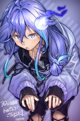 Rule 34 | 1boy, ahonobo, antenna hair, aqua hair, black pants, black ribbon, black shirt, blue eyes, feet out of frame, ghost pose, hair between eyes, hair bun, highres, hitodama, holostars, hood, hood down, hooded jacket, jacket, jewelry, leaning forward, long hair, looking at viewer, low-tied long hair, male focus, minase rio, multicolored hair, necklace, open collar, open mouth, pants, purple background, purple hair, purple jacket, ribbon, ring, shirt, sleeves past wrists, solo, streaked hair, striped, striped background, torn clothes, torn pants, undershirt, virtual youtuber, white shirt