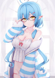 Rule 34 | 1girl, absurdres, ahoge, blue hair, breasts, cleavage, crop top, glasses, hair between eyes, hair ornament, hairclip, highres, hololive, jacket, large breasts, long hair, long sleeves, looking at viewer, low twintails, nyan (reinyan 007), open clothes, open jacket, panties, panty pull, parted lips, pointy ears, polka dot, polka dot shirt, shirt, sleeves past wrists, solo, striped clothes, striped jacket, twintails, underwear, virtual youtuber, white panties, yellow eyes, yukihana lamy