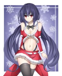 Rule 34 | 1girl, absurdres, akane rose, bare shoulders, black hair, black thighhighs, bow, bowtie, breasts, choujigen game neptune, christmas, cleavage, commission, cowboy shot, crop top, detached sleeves, frilled skirt, frills, fur trim, highleg, highres, long hair, long sleeves, looking at viewer, low twintails, medium breasts, midriff, miniskirt, navel, neptune (series), noire (neptunia), red eyes, red shirt, red skirt, revealing clothes, shirt, skirt, smile, solo, standing, stomach, thighhighs, thighs, twintails, very long hair, zettai ryouiki