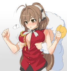 Rule 34 | !, 10s, 1girl, ahoge, aiguillette, amagi brilliant park, antenna hair, bad id, bad pixiv id, grabbing another&#039;s breast, breasts, brown eyes, brown hair, cleavage, covered erect nipples, grabbing, grabbing from behind, gradient background, hanon (heartofsword), large breasts, long hair, macaron (amaburi), molestation, parted lips, ponytail, sento isuzu, sketch, solo, spoken exclamation mark