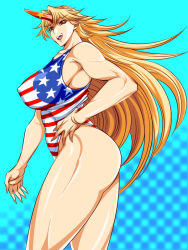 Rule 34 | 1girl, blonde hair, breasts, crying bald eagle, ginnyo, horns, hoshiguma yuugi, large breasts, legs, long hair, meme, muscular, single horn, solo, swimsuit, thick thighs, thighs, touhou, united states