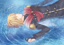 Rule 34 | 1boy, blonde hair, cape, closed eyes, final fantasy, final fantasy type-0, gloves, lying, male focus, on back, partially fingerless gloves, partially submerged, solo, trey (fft-0), tsuki314, water