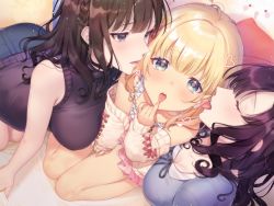 Rule 34 | 3girls, aqua eyes, black hair, blonde hair, blue skirt, blush, breasts, earphones, finger to mouth, girl sandwich, hair ribbon, heart, heart-shaped pupils, large breasts, long hair, looking at another, looking at viewer, multiple girls, off shoulder, official art, open mouth, original, pink skirt, purple eyes, purple hair, purple shirt, purple sweater, ribbon, sandwiched, shirt, sidelocks, skirt, small breasts, sourenkio, sweater, sweater vest, symbol-shaped pupils, thighs, tongue, tongue out, wavy hair