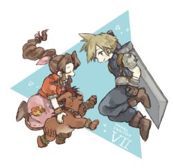 Rule 34 | 1girl, 2boys, aerith gainsborough, animal, armor, bangle, belt, blonde hair, blue pants, blue shirt, boots, bracelet, braid, braided ponytail, brown footwear, brown hair, buster sword, chocosan 69, closed eyes, cloud strife, cropped jacket, dress, facial mark, final fantasy, final fantasy vii, full body, gloves, hair ribbon, jacket, jewelry, long dress, long hair, looking at another, multiple boys, open mouth, orange fur, pants, parted bangs, pink dress, pink ribbon, puffy short sleeves, puffy sleeves, red hair, red jacket, red xiii, ribbon, scar, scar across eye, shirt, short hair, short sleeves, shoulder armor, sidelocks, smile, spiked hair, square enix, suspenders, weapon, weapon on back