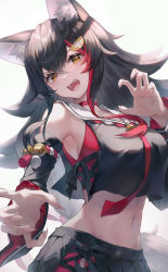 Rule 34 | 1girl, absurdres, animal ear fluff, animal ears, bell, black hair, black shirt, black skirt, blush, breasts, choker, claw pose, crop top, detached sleeves, fangs, fingernails, hair between eyes, hair ornament, hand up, highres, hololive, long hair, looking at viewer, medium breasts, midriff, multicolored hair, myung yi, navel, ookami mio, ookami mio (1st costume), open mouth, pleated skirt, red choker, red hair, sailor collar, sharp fingernails, shirt, skirt, solo, stomach, streaked hair, tail, upper body, v-shaped eyebrows, virtual youtuber, wolf ears, wolf girl, wolf tail, yellow eyes