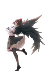Rule 34 | 1girl, 470418409, absurdres, bird wings, black footwear, black hair, black hat, black ribbon, black skirt, black thighhighs, black wings, breasts, camera, closed mouth, collared shirt, commentary request, feathered wings, full body, happy, hat, highres, holding, holding camera, loafers, medium breasts, neck ribbon, pointy ears, pom pom (clothes), puffy short sleeves, puffy sleeves, red eyes, red hat, ribbon, shameimaru aya, shirt, shoes, short hair, short sleeves, simple background, skirt, smile, solo, standing, standing on one leg, thighhighs, tiptoes, tokin hat, touhou, white background, white shirt, wings, zettai ryouiki