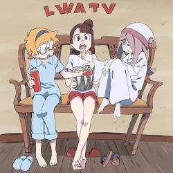 Rule 34 | 10s, 3girls, :t, barefoot, brown hair, crossed legs, eating, feet, feet on chair, food, freckles, glasses, hair over one eye, hat, highres, kagari atsuko, kengo saito, little witch academia, lotte jansson, multiple girls, nightcap, official art, orange hair, pajamas, polo shirt, popcorn, pout, red eyes, saitou kengo, shirt, shoes, unworn shoes, shorts, sitting, slippers, sucy manbavaran, t-shirt, thermos, toe scrunch, toes