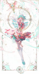 Rule 34 | 1girl, :d, arm up, border, chinese commentary, commentary request, dress, frilled sleeves, frills, full body, green footwear, green hair, hand on own chest, hand up, highres, kneehighs, legs together, light, looking at viewer, mary janes, mian lang, official alternate costume, open mouth, outstretched hand, pink dress, red eyes, shoes, short hair, smile, socks, solo, sunlight, swept bangs, thighs, wangzhe rongyao, white socks, yao (wangzhe rongyao)