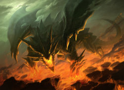 Rule 34 | cloud, dragon, fire, horns, looking at viewer, lava, no humans, satoyuki, wings