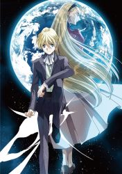 Rule 34 | 1boy, 1girl, blonde hair, couple, dorothy catalonia, dress, earrings, earth (planet), formal, gundam, gundam wing, hair ornament, hairclip, highres, jewelry, looking at another, official art, planet, quatre raberba winner, smile, space, suit, walking away, worried