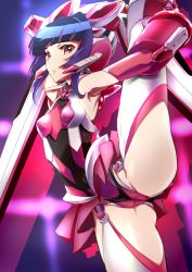 Rule 34 | 1000, 1girl, armpits, black hair, blush, breasts, cameltoe, elbow gloves, gloves, groin, highres, leg up, leotard, looking at viewer, orange eyes, parted lips, senki zesshou symphogear, shiny clothes, small breasts, solo, spread legs, thighhighs, tsukuyomi shirabe, white thighhighs