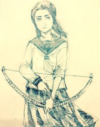Rule 34 | 10s, 1girl, alternate costume, alternate hairstyle, arrow (projectile), asirpa, ballpoint pen (medium), bow (weapon), contemporary, golden kamuy, holding, holding weapon, ito kiko, long hair, looking at viewer, low twintails, monochrome, neckerchief, parted bangs, pleated skirt, sailor collar, school uniform, serafuku, sketch, skirt, solo, traditional media, twintails, weapon, wind, wind lift