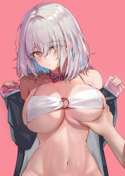 Rule 34 | 1girl, absurdres, azur lane, bare shoulders, belt collar, bikini, bikini top only, black jacket, blue hair, blush, bottomless, grabbing another&#039;s breast, breasts, chinese commentary, cleavage, closed mouth, collar, collarbone, commentary request, eyes visible through hair, grabbing, groin, hair between eyes, hair intakes, hair over one eye, highres, jacket, l.j., large breasts, looking at viewer, medium hair, midriff, multicolored hair, nail polish, navel, o-ring, o-ring top, off-shoulder jacket, off shoulder, open clothes, open jacket, pink nails, pov, pov hands, red background, red eyes, sirius (azur lane), sleeves past wrists, solo focus, standing, swimsuit, two-tone hair, underboob, upper body, white bikini, white hair
