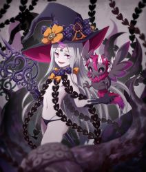 Rule 34 | 1girl, :d, abigail williams (fate), abigail williams (third ascension) (fate), animal, bad id, bad pixiv id, black bow, black gloves, black hat, black panties, bow, breasts, commentary request, elbow gloves, fate/grand order, fate (series), gloves, grey hair, groin, hat, hat bow, hikage sumihito, holding, holding key, key, long hair, looking at viewer, navel, open mouth, orange bow, pale skin, panties, parted bangs, polka dot, polka dot bow, purple eyes, revealing clothes, skull print, small breasts, smile, solo, suction cups, tentacles, topless, underwear, very long hair, witch hat
