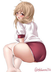 Rule 34 | 1girl, alternate costume, blush, braid, breasts, brown eyes, buruma, cloud hair ornament, cowboy shot, ebifurya, embarrassed, gym shirt, gym uniform, hair between eyes, highres, kantai collection, large breasts, light brown hair, long hair, looking at viewer, looking back, low twin braids, minegumo (kancolle), one-hour drawing challenge, open mouth, panties, panties under buruma, red buruma, red eyes, shirt, simple background, solo, thighhighs, twin braids, twitter username, underwear, wavy mouth, white background, white panties, white shirt, white thighhighs