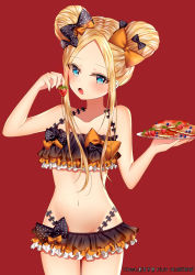 Rule 34 | 1girl, :o, abigail williams (emerald float) (fate), abigail williams (fate), absurdres, bare arms, bare shoulders, bikini, black bikini, black bow, blonde hair, blue eyes, blueberry, blush, bow, collarbone, commentary, cowboy shot, double bun, emerald float, fate/grand order, fate (series), food, forehead, fruit, hair bow, hair bun, halterneck, head tilt, highres, holding, holding food, holding plate, junpaku karen, long hair, looking at viewer, navel, official alternate costume, open mouth, orange bow, pancake, parted bangs, pixiv id, plate, polka dot, polka dot bow, red background, side bun, sidelocks, simple background, solo, standing, strawberry, swimsuit, thigh gap