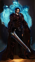 Rule 34 | 1boy, absurdres, armor, belt, black cape, black hair, book, breastplate, cape, chain, cleric, closed mouth, dated, distr, dungeons &amp; dragons, facial hair, fantasy, gauntlets, ghost, glowing, greaves, green eyes, highres, holding, holding sword, holding weapon, light particles, long hair, looking back, male focus, mustache, original, pauldrons, purple armor, shoulder armor, signature, solo, spirit, standing, sword, vambraces, weapon