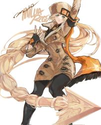 Rule 34 | 1girl, absurdly long hair, arm scarf, black gloves, blonde hair, blue eyes, brown coat, buttons, character name, coat, dated, expressionless, feet out of frame, fingerless gloves, found modori, fur hat, gloves, guilty gear, guilty gear strive, hat, highres, leggings, long hair, millia rage, pantyhose, simple background, solo, thighhighs, ushanka, very long hair, white background, wide hips