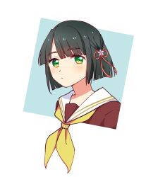 Rule 34 | 1girl, blunt bangs, blunt ends, blush, cropped head, flower, green eyes, green hair, hair flower, hair ornament, hasu no sora school uniform, highres, light frown, link! like! love live!, looking at viewer, love live!, momose ginko, neckerchief, sailor collar, sankin ( sankin510), school uniform, short hair, solo, square, virtual youtuber, white background, white sailor collar, winter uniform, yellow neckerchief