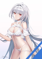 Rule 34 | 1girl, absurdres, ahoge, bare shoulders, bikini, breasts, cleavage, fate/grand order, fate (series), frilled bikini, frills, heatia, highres, lady avalon (fate), lady avalon (second ascension) (fate), large breasts, long hair, looking at viewer, merlin (fate/prototype), navel, purple eyes, smile, solo, swimsuit, thighs, very long hair, white bikini, white hair