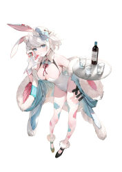 Rule 34 | 1girl, absurdres, alternate costume, animal ears, aqua bow, aqua eyes, bare shoulders, bottle, bow, breasts, card, coat, cup, detached collar, drinking glass, fishnet thighhighs, fishnets, full body, fur-trimmed coat, fur-trimmed sleeves, fur trim, gloves, hair bow, hair ornament, highleg, highleg leotard, highres, holding, holding card, holding plate, leaning, leotard, long sleeves, looking at viewer, medium breasts, official art, open clothes, open coat, plate, playboy bunny, rabbit ears, short hair, siesta (tantei wa mou shindeiru), simple background, solo, tantei wa mou shindeiru, thighhighs, umibouzu (niito), white background, white gloves, white hair, white leotard, wide sleeves, wine bottle, x hair ornament