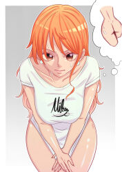 Rule 34 | 1girl, ass, embarrassed, highres, long hair, mifenami, naked shirt, nami (one piece), nude, one piece, orange hair, shirt, sweat, thought bubble