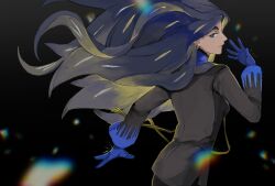 Rule 34 | 1girl, black background, black hair, black jacket, blue eyes, blue gloves, blue shirt, closed mouth, commentary request, creatures (company), floating hair, from side, game freak, geeta (pokemon), gloves, hand up, jacket, long hair, looking at viewer, looking to the side, multicolored hair, nintendo, pokemon, pokemon sv, ribbon, shirt, smile, solo, streaked hair, tianqiuyi (westrain), yellow ribbon