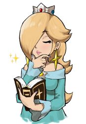 Rule 34 | 1girl, bare shoulders, blonde hair, blue dress, book, closed eyes, crown, dress, earrings, eyelashes, hair over one eye, highres, holding, holding book, jewelry, long hair, mario (series), nintendo, off-shoulder dress, off shoulder, parted bangs, pink lips, purple nails, rosalina, solo, sparkle, star (symbol), star earrings, super mario galaxy, thinking, toggy keiichi, upper body, white background