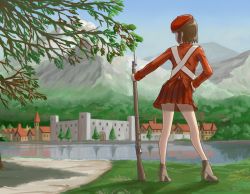 Rule 34 | 1girl, adapted uniform, bayonet, beret, blurry, brown hair, church, day, depth of field, facing away, fortress, from behind, grass, gun, hand on own hip, hat, high heels, highres, kageng, katou megumi, looking away, military, military uniform, mountain, musket, original, outdoors, path, red skirt, reflection, river, road, scenery, short hair, skirt, soldier, solo, town, tree, uniform, water, weapon