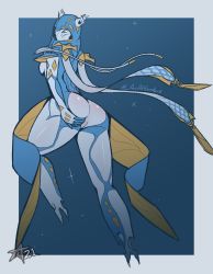 Rule 34 | 1girl, alternate costume, arcafterdark, ass, breasts, colored skin, highres, looking at viewer, multicolored skin, no feet, pussy, sideboob, signature, simple background, solo, spread ass, warframe, wisp (warframe)