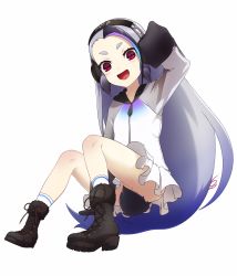Rule 34 | 10s, 1girl, :d, ass, blue hair, boots, cross-laced footwear, full body, giant penguin (kemono friends), grey hair, headphones, highres, jacket, kemono friends, lace-up boots, long hair, looking at viewer, no panties, open mouth, purple eyes, shimomoto, simple background, sitting, skirt, sleeves past wrists, smile, socks, solo, tail, thick eyebrows, very long hair, white background