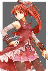 Rule 34 | 1girl, bare shoulders, black ribbon, black thighhighs, border, breasts, cowboy shot, detached sleeves, grey background, hair ribbon, hand on own hip, high collar, holding, holding polearm, holding weapon, long hair, looking at viewer, magical girl, mahou shoujo madoka magica, mahou shoujo madoka magica (anime), medium breasts, nanoka rio, pink skirt, pleated skirt, polearm, ponytail, red eyes, red hair, red shirt, ribbon, sakura kyoko, shirt, skirt, sleeveless, sleeveless shirt, smile, solo, spear, standing, thighhighs, twitter username, weapon