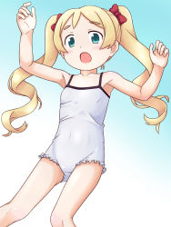 Rule 34 | 10s, 1girl, armpits, arms up, blonde hair, blush, bow, casual one-piece swimsuit, daiya, green eyes, highres, long hair, mahou shoujo nante mou ii desukara., one-piece swimsuit, open mouth, ribbon, solo, swimsuit, twintails