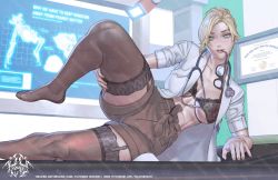Rule 34 | 1girl, abs, black bra, black thighhighs, blonde hair, blouse, blue eyes, bra, covered erect nipples, diploma, doctor, english text, eyewear in mouth, garter straps, glasses, gorilla, lab coat, lace, lace-trimmed legwear, lace trim, mercy (overwatch), mila the mute, mouth hold, open clothes, open shirt, overwatch, overwatch 1, shirt, shorts, solo, stethoscope, thighhighs, thighs, underwear, winston (overwatch), x-ray