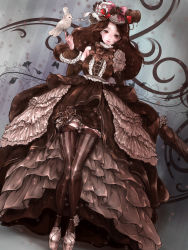 Rule 34 | 1girl, anklet, bad id, bad pixiv id, bird, bird on hand, bow, brown bow, brown dress, brown hair, brown theme, brown thighhighs, brownie (food), closed umbrella, cuffs, detached sleeves, dress, flower, food-themed hair ornament, frilled dress, frills, full body, gothic lolita, gradient background, hair bow, hair ornament, hat, headpiece, high heels, highres, jewelry, kurara (id10569606), lolita fashion, long hair, looking at viewer, mini hat, mini top hat, original, parasol, personification, pink bow, platform footwear, pocketland, shoes, solo, standing, strawberry hair ornament, striped background, striped clothes, striped thighhighs, thighhighs, top hat, umbrella, vertical-striped clothes, vertical-striped thighhighs, white footwear