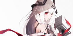 Rule 34 | 1girl, arknights, bare shoulders, commentary, hammer, highres, horns, long hair, looking at viewer, material growth, mudrock (arknights), mudrock (elite ii) (arknights), oripathy lesion (arknights), pointy ears, red eyes, silver hair, simple background, solo, the cold, upper body, weapon, white background