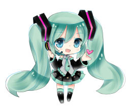Rule 34 | 1girl, aqua eyes, bad id, bad pixiv id, chibi, detached sleeves, green hair, hatsune miku, headset, koyubisennti, long hair, necktie, open mouth, simple background, skirt, solo, thighhighs, twintails, very long hair, vocaloid, white background