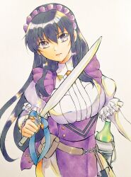 Rule 34 | 1girl, ayra (fire emblem), ayra (tea party) (fire emblem), black hair, chika 1, commentary request, fire emblem, fire emblem: genealogy of the holy war, fire emblem heroes, frilled sleeves, frills, hair between eyes, holding, holding sword, holding weapon, long hair, nintendo, official alternate costume, puffy short sleeves, puffy sleeves, purple eyes, short sleeves, simple background, solo, standing, sword, weapon, white background