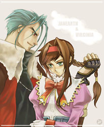 Rule 34 | 1boy, 1girl, blue hair, bow, braid, brown hair, coat, earrings, frown, gloves, green eyes, hairband, janus cascade, jewelry, long hair, lowres, necklace, red eyes, red hairband, ribbon, shirt, short hair, sidelocks, simple background, smile, sweat, unadare chop, virginia maxwell, white background, wild arms, wild arms 3