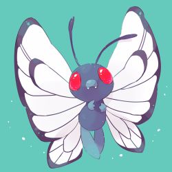 Rule 34 | bad id, bad pixiv id, blue background, butterfree, creatures (company), flying, game freak, gen 1 pokemon, hideko (l33l3b), looking at viewer, nintendo, no humans, pokemon, pokemon (creature), red eyes, simple background, solo